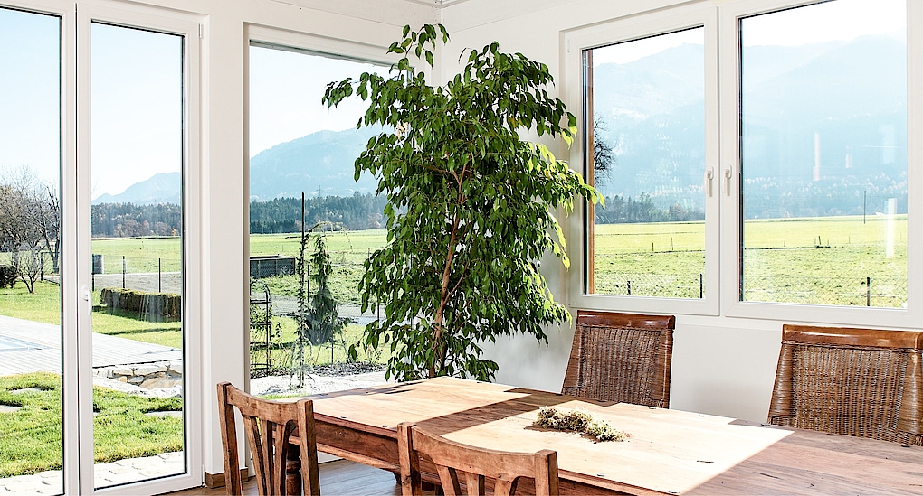 Strussnig Kunststofffenster mit Blick auf weitläufige Wiesenlandschaft