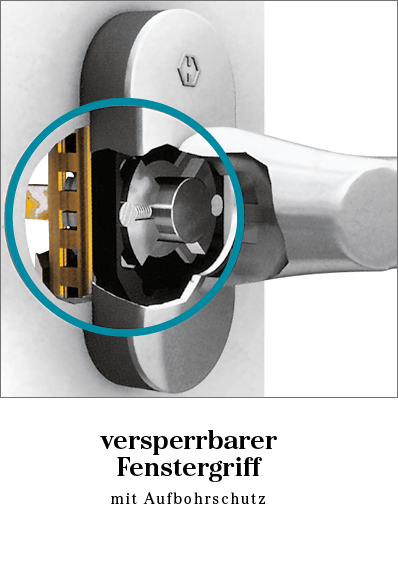 Detailaufnahme eines versperrbaren Fenstergriffes mit Aufbohrschutz