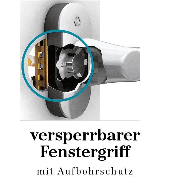 Detailbild von versperrbarem Fenstergriff für Einbruchschutz bei Fenstern mit Erklärung