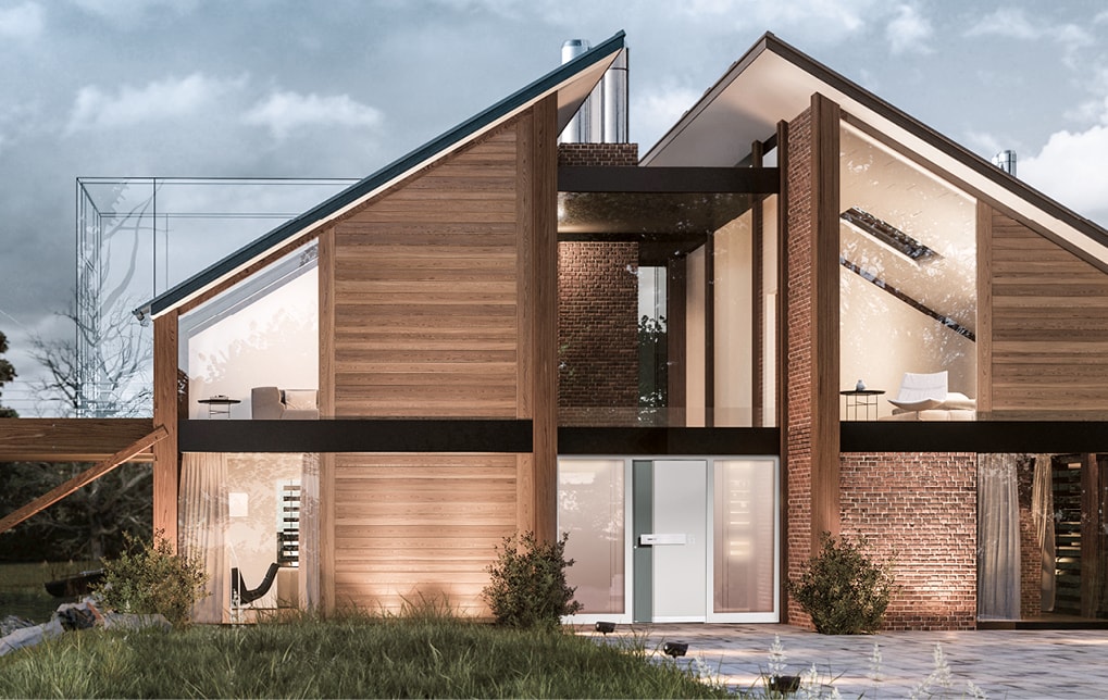 Innovato+ Holz-Alu Fenster von Strussnig veranschaulicht an modernem Haus-Rendering